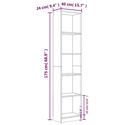 vidaXL 5-kerroksinen Kirjahylly ruskea tammi 40x24x175 cm tekninen puu