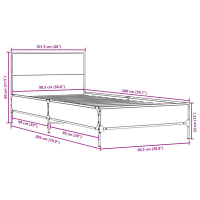 vidaXL Sängynrunko savutammi 100x200 cm tekninen puu ja metalli