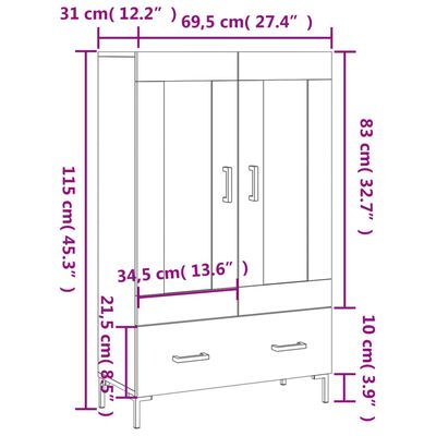 vidaXL Kaappi korkeakiilto valkoinen 69,5x31x115 cm tekninen puu