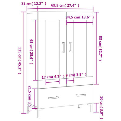 vidaXL Kaappi musta 69,5x31x115 cm tekninen puu