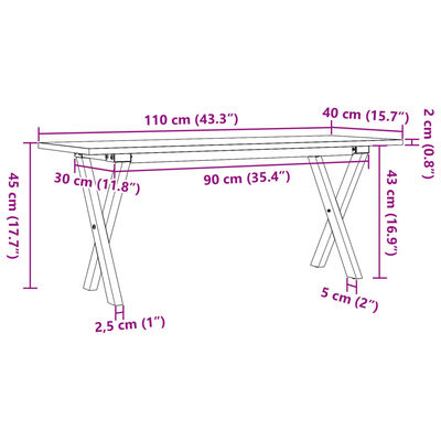 vidaXL Sohvapöytä X-runko 110x40x45 cm täysi mänty ja valurauta