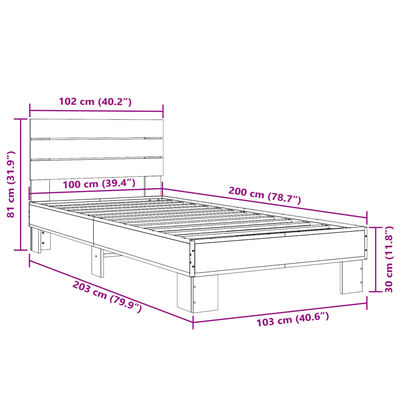 vidaXL Sängynrunko ruskea tammi 100x200 cm tekninen puu ja metalli