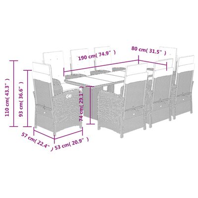 vidaXL 9-osainen Ulkoruokailuryhmä tyynyillä harmaa polyrottinki