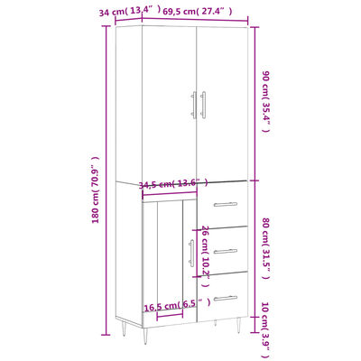 vidaXL Kaappi harmaa Sonoma 69,5x34x180 cm tekninen puu