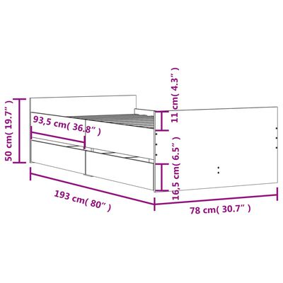 vidaXL Sängynrunko laatikoilla ruskea tammi 75x190 cm Small Single