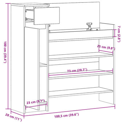 vidaXL Kenkäkaappi betoninharmaa 100,5x28x100 cm tekninen puu