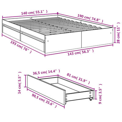 vidaXL Sängynrunko laatikoilla harmaa Sonoma 140x190 cm tekninen puu