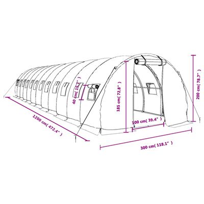 vidaXL Kasvihuone teräsrungolla valkoinen 36 m² 12x3x2 m