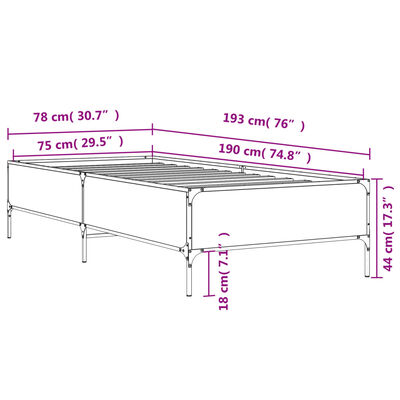 vidaXL Sängynrunko ruskea tammi 75x190 cm tekninen puu ja metalli