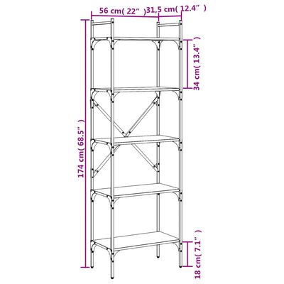 vidaXL Kirjahylly 5 kerrosta ruskea tammi 56x31,5x174 cm tekninen puu