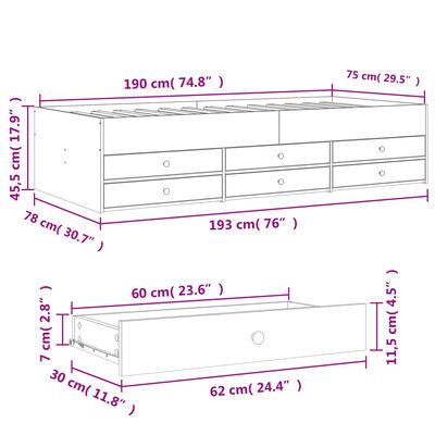 vidaXL Vuodesohva laatikoilla ei patjaa harmaa Sonoma 75x190 cm