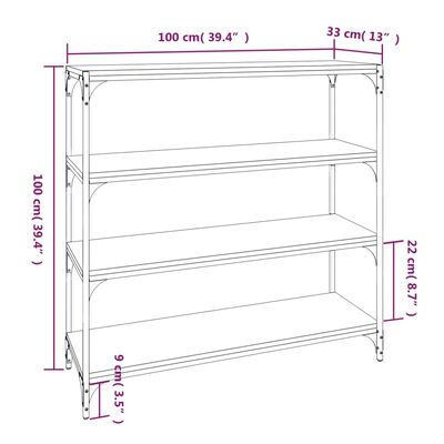 vidaXL Kirjahylly harmaa Sonoma 100x33x100 cm tekninen puu ja teräs