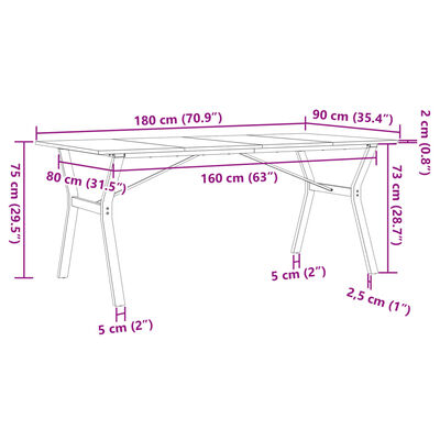 vidaXL Ruokapöytä Y-runko 180x90x75 cm täysi mänty ja valurauta