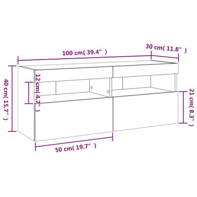 vidaXL TV-seinäkaappi LED-valoilla Sonoma-tammi 100x30x40 cm