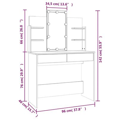 VidaXL Peilipöytä LED-valoilla korkeakiilto valkoinen 96x40x142 cm