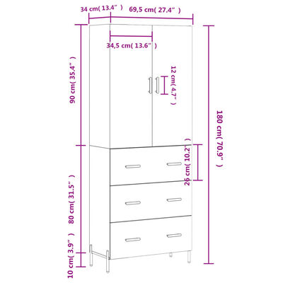 vidaXL Kaappi ruskea tammi 69,5x34x180 cm tekninen puu