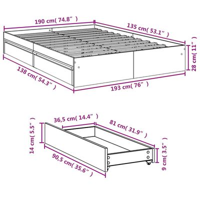 vidaXL Sängynrunko laatikoilla musta 135x190 cm tekninen puu