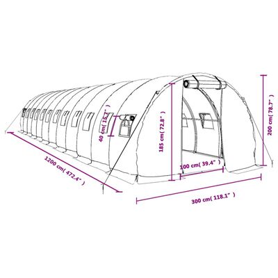 vidaXL Kasvihuone teräsrungolla vihreä 36 m² 12x3x2 m