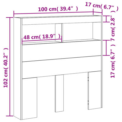 vidaXL Sängynpäätykaappi LED-valoilla harmaa Sonoma 100x17x102 cm