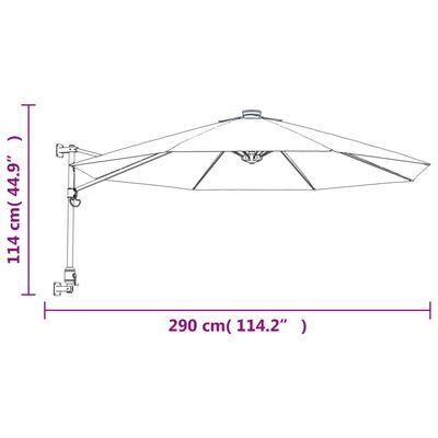 vidaXL Seinäkiinnitteinen aurinkovarjo LED-valoilla omenanvihr. 290 cm