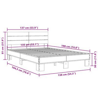 vidaXL Sängynrunko ruskea tammi 135x190 cm tekninen puu ja metalli