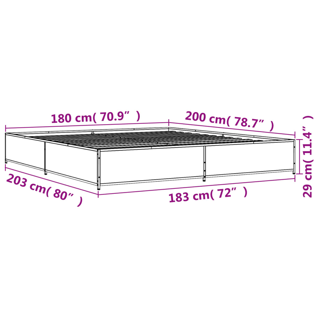 vidaXL Sängynrunko ruskea tammi 180x200 cm tekninen puu ja metalli