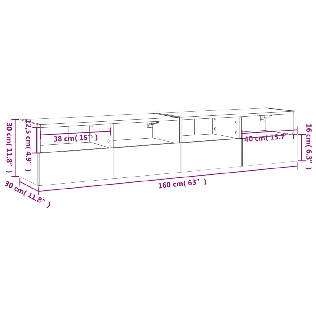 vidaXL TV-seinäkaapit 2 kpl ruskea tammi 80x30x30 cm tekninen puu