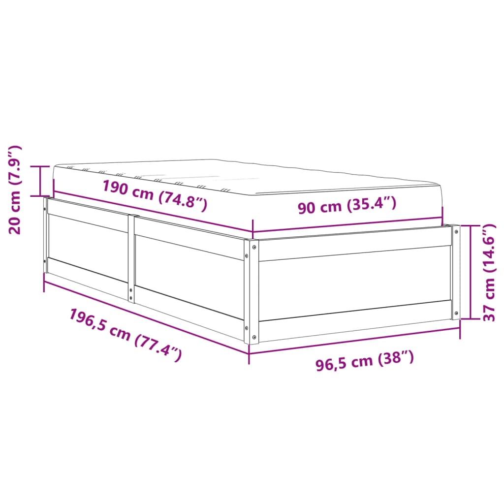 vidaXL Sänky patjalla 90x190 cm täysi mänty