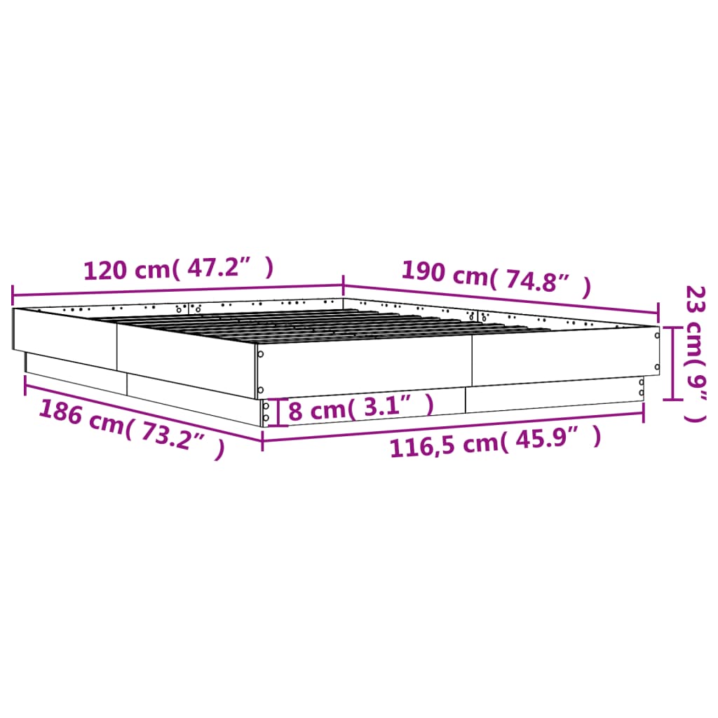 vidaXL Sängynrunko LED-valoilla betoninharmaa 120x190 cm