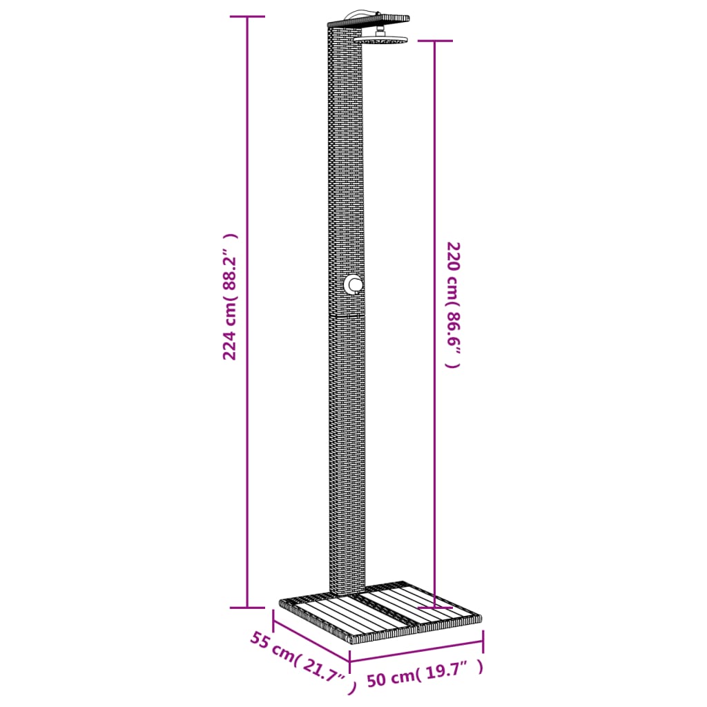 vidaXL Ulkosuihku musta 50x55x224 cm polyrottinki ja akasiapuu