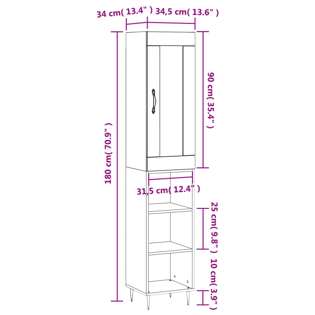 vidaXL Kaappi ruskea tammi 34,5x34x180 cm tekninen puu