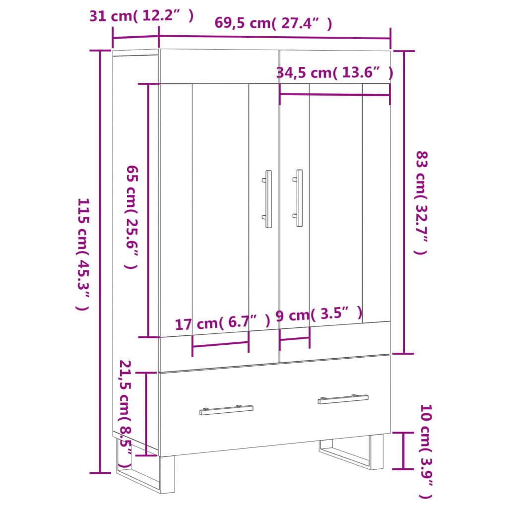 vidaXL Kaappi betoninharmaa 69,5x31x115 cm tekninen puu