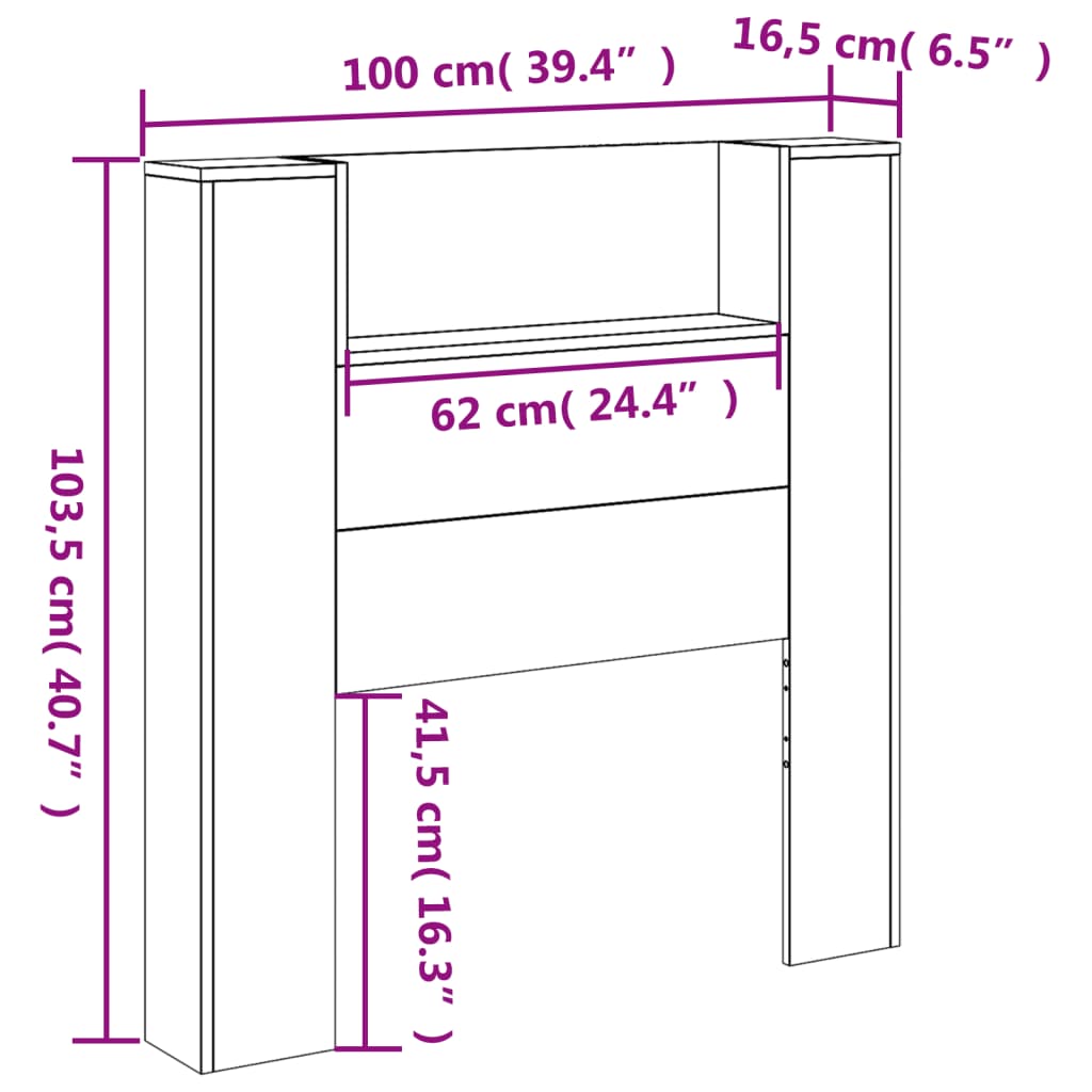 vidaXL Sängynpäätykaappi LED-valoilla harmaa Sonoma 100x16,5x103,5 cm