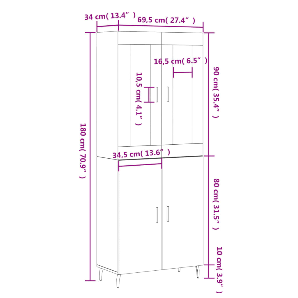 vidaXL Kaappi musta 69,5x34x180 cm tekninen puu