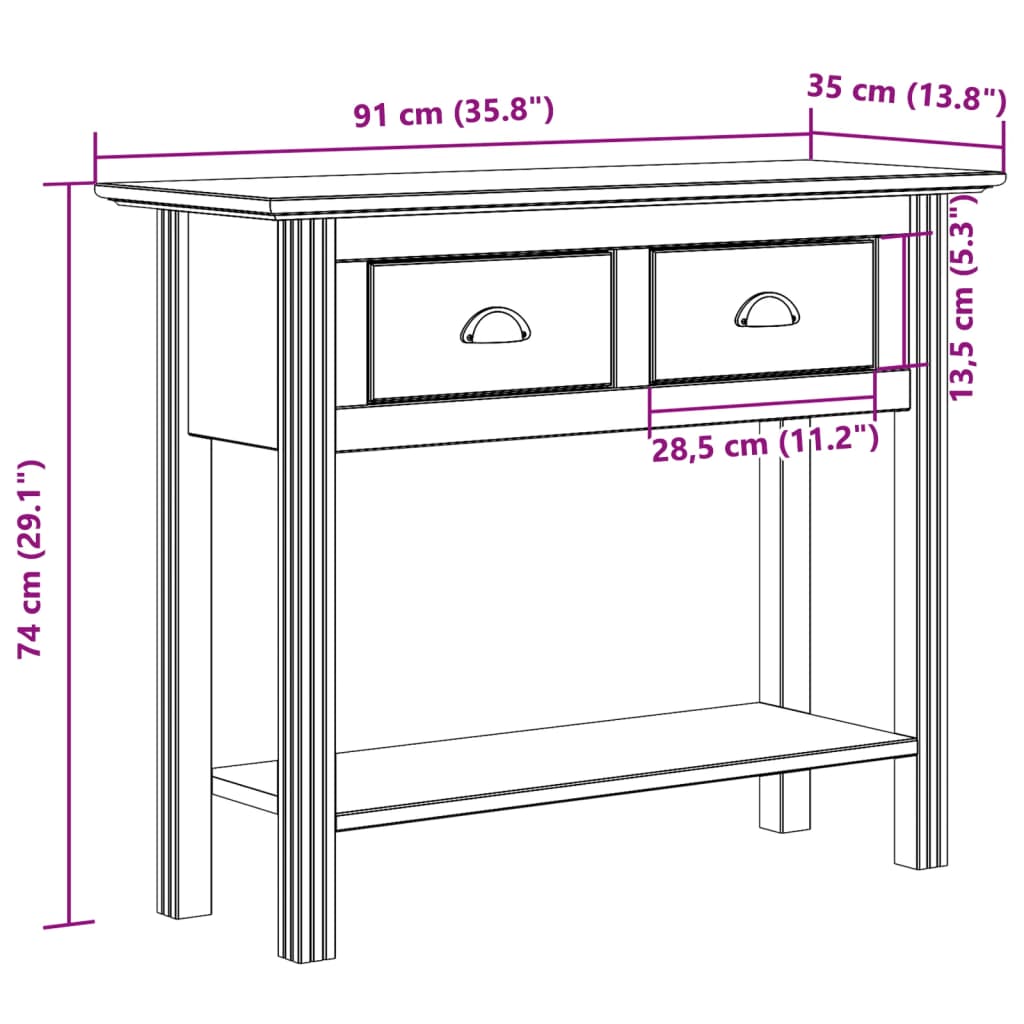 vidaXL Konsolipöytä BODO ruskea 91x35x74 cm täysi mänty