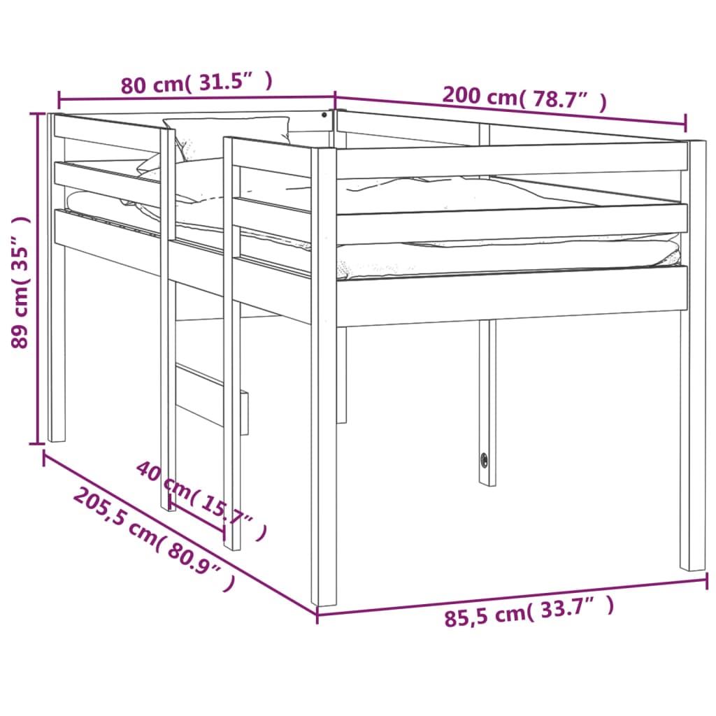 vidaXL Korotettu sänky hunajanruskea 80x200 cm täysi mänty