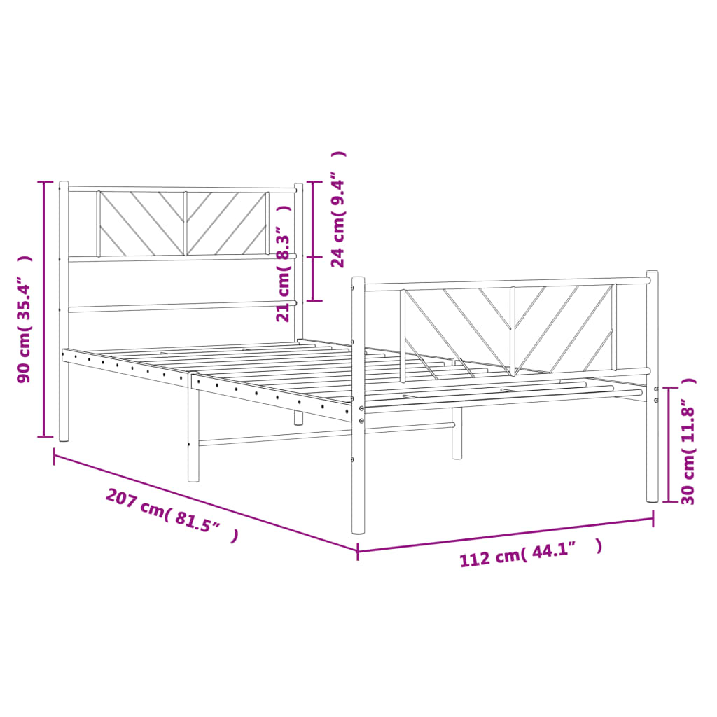 vidaXL Metallinen sängynrunko päädyillä valkoinen 107x203 cm