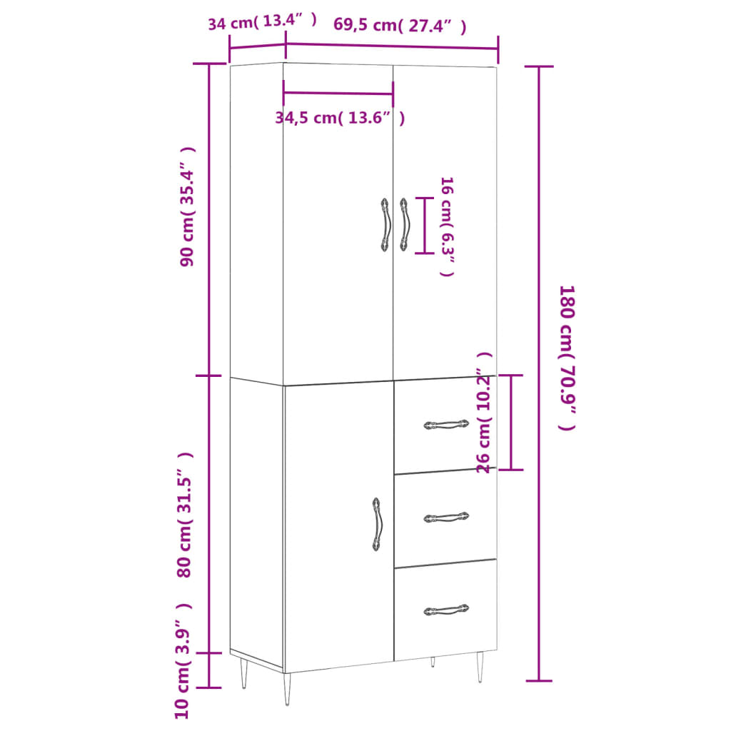 vidaXL Kaappi ruskea tammi 69,5x34x180 cm tekninen puu