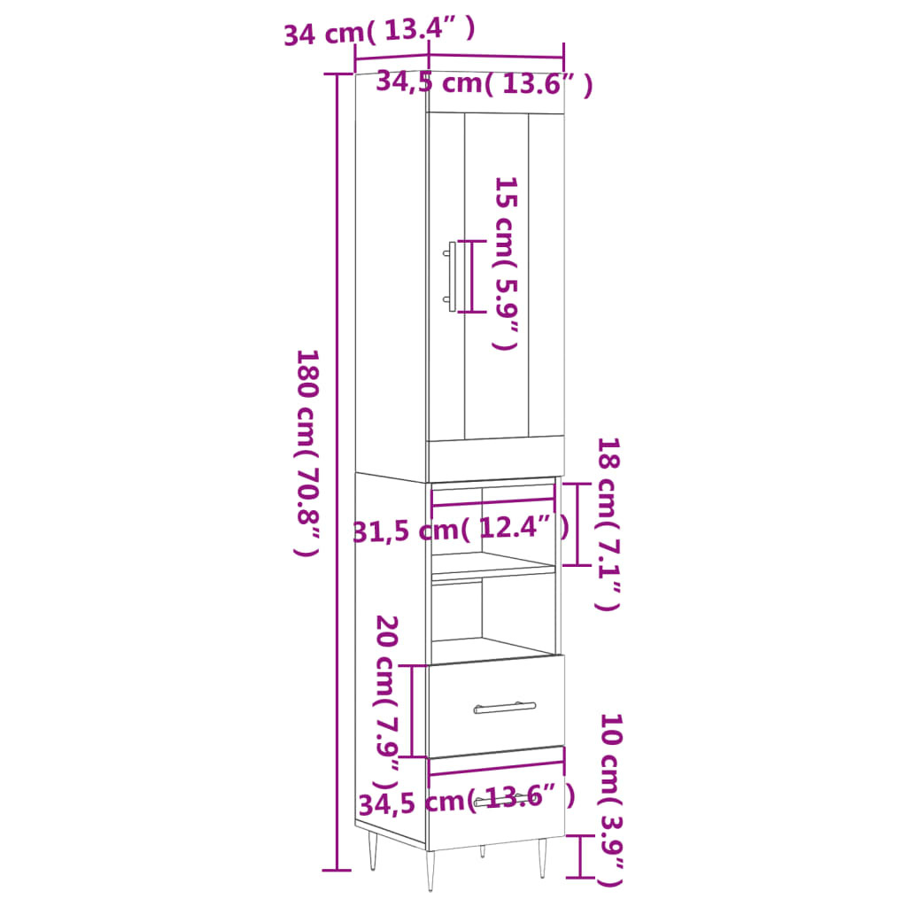 vidaXL Kaappi harmaa Sonoma 34,5x34x180 cm tekninen puu