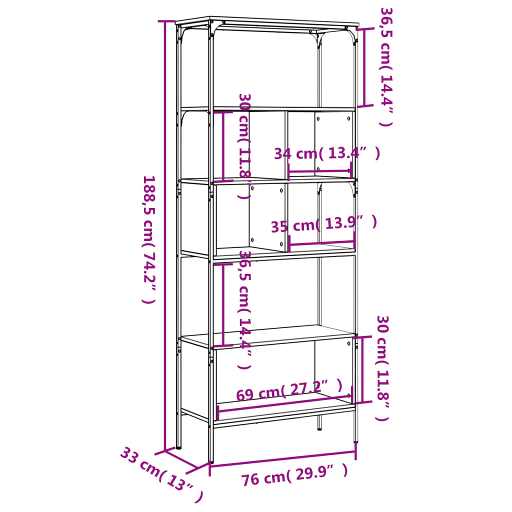 vidaXL Kirjahylly 5 tasoa ruskea tammi 76x33x188,5 cm tekninen puu