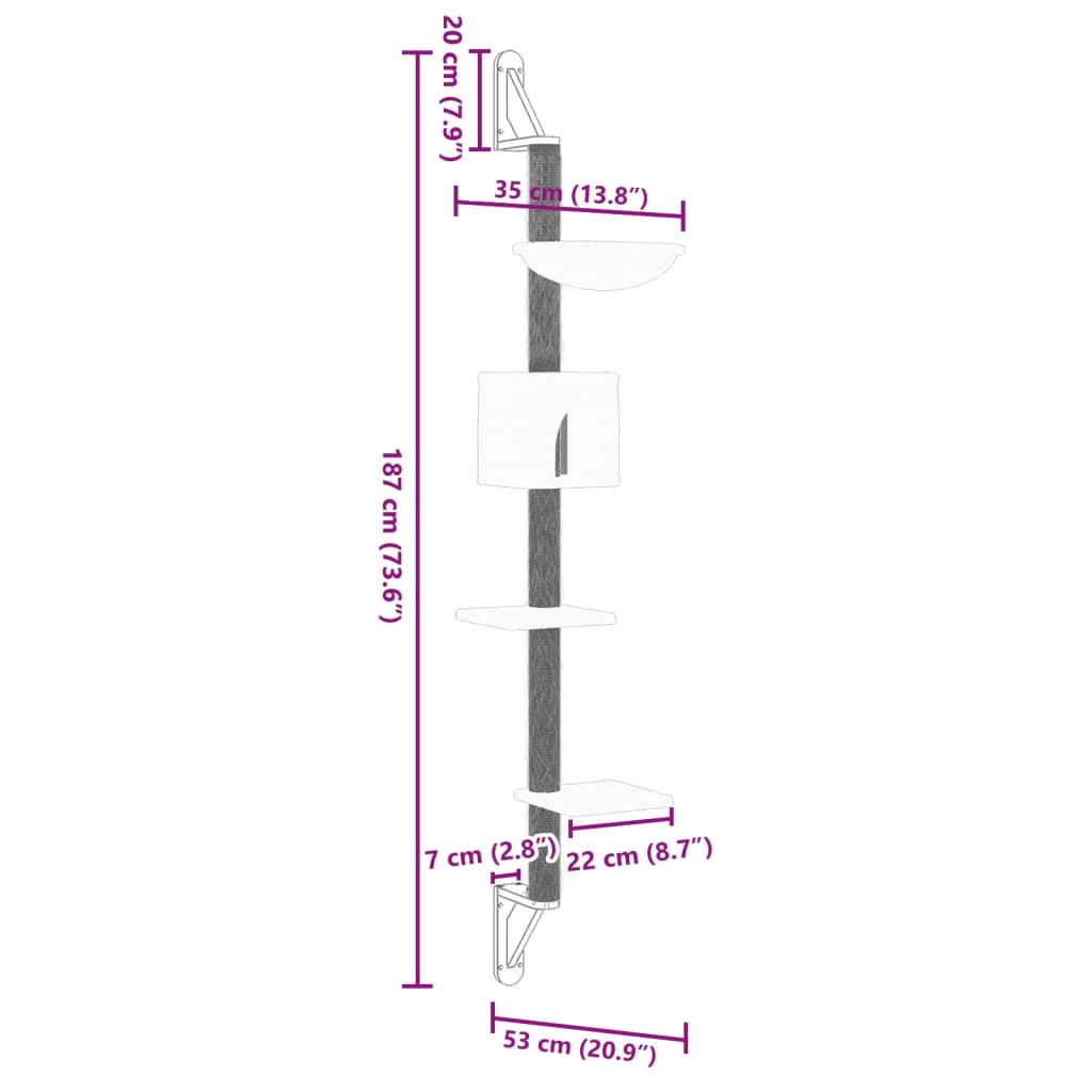 vidaXL Kissan raapimispuu seinälle vaaleanharmaa 187 cm