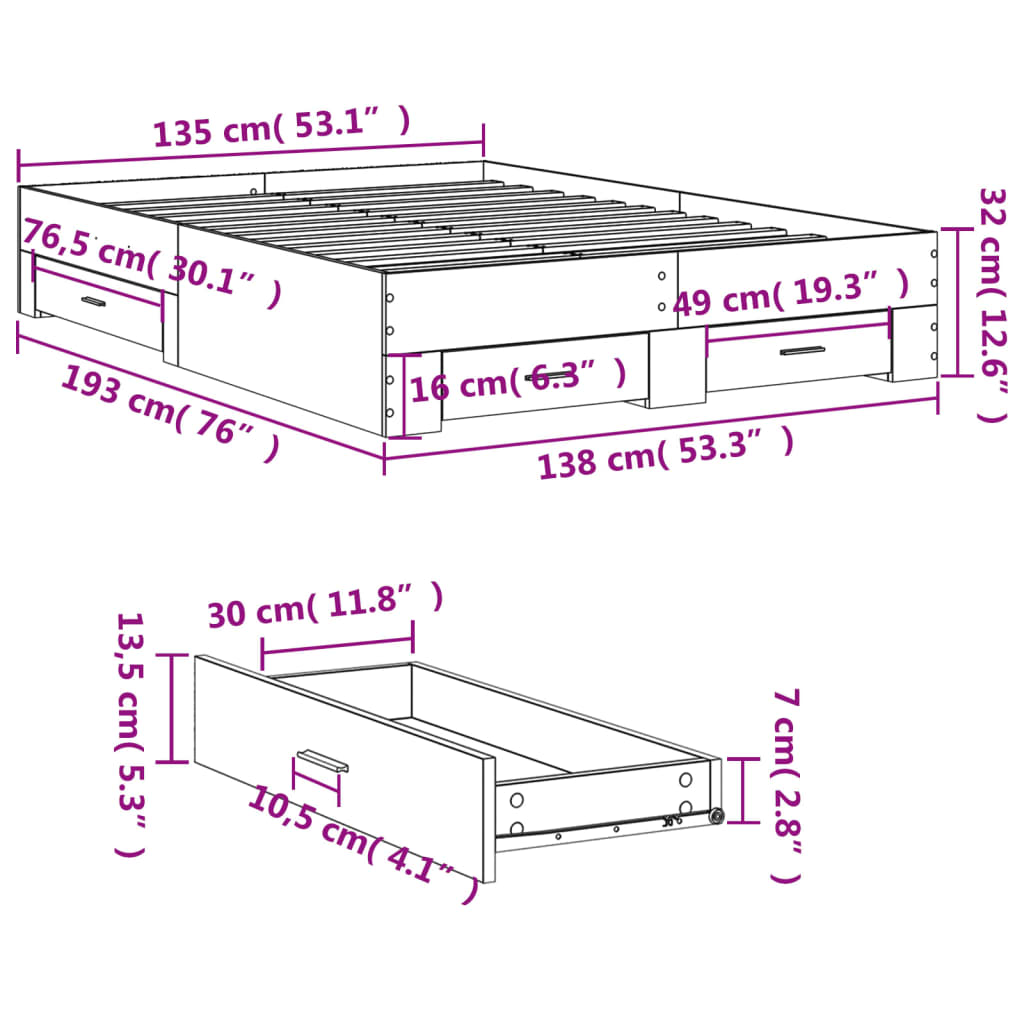 vidaXL Sängynrunko laatikoilla musta 135x190 cm tekninen puu