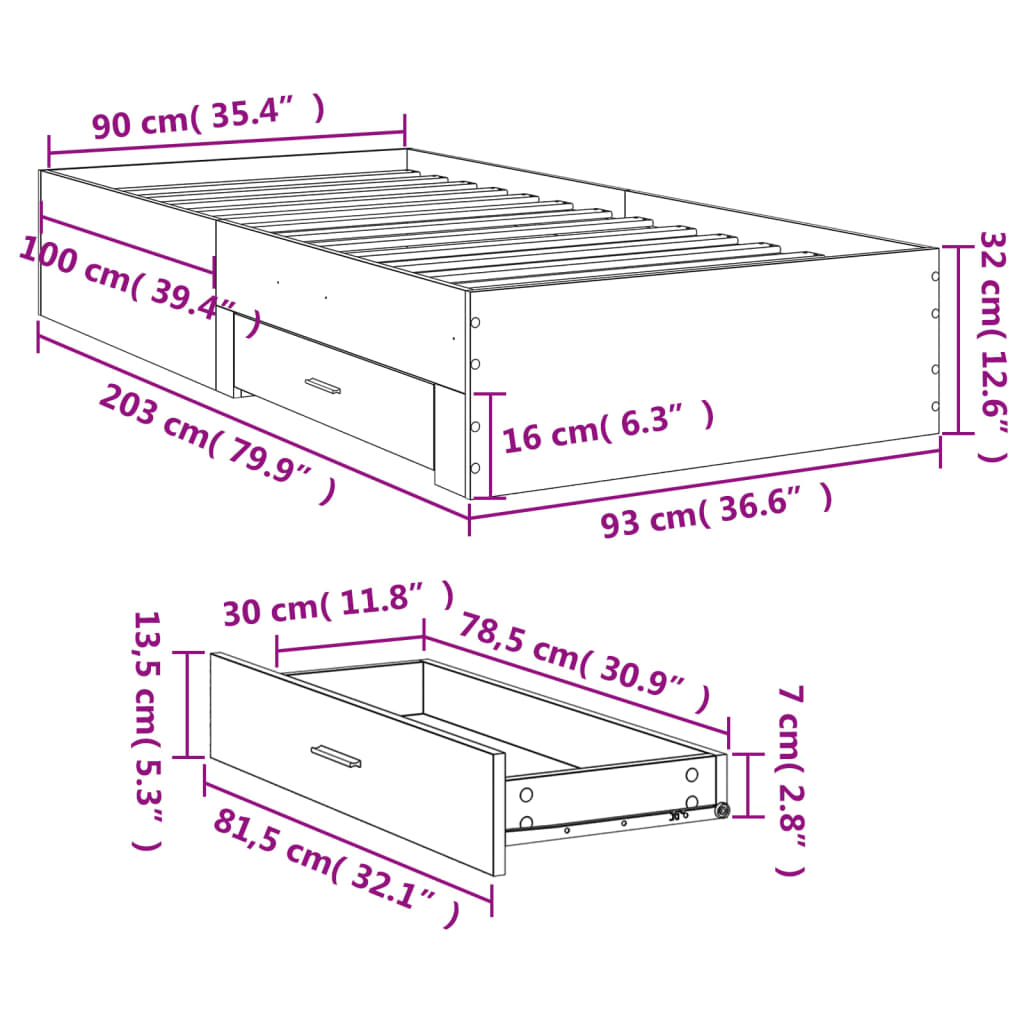 vidaXL Sängynrunko laatikoilla Sonoma-tammi 90x200 cm tekninen puu