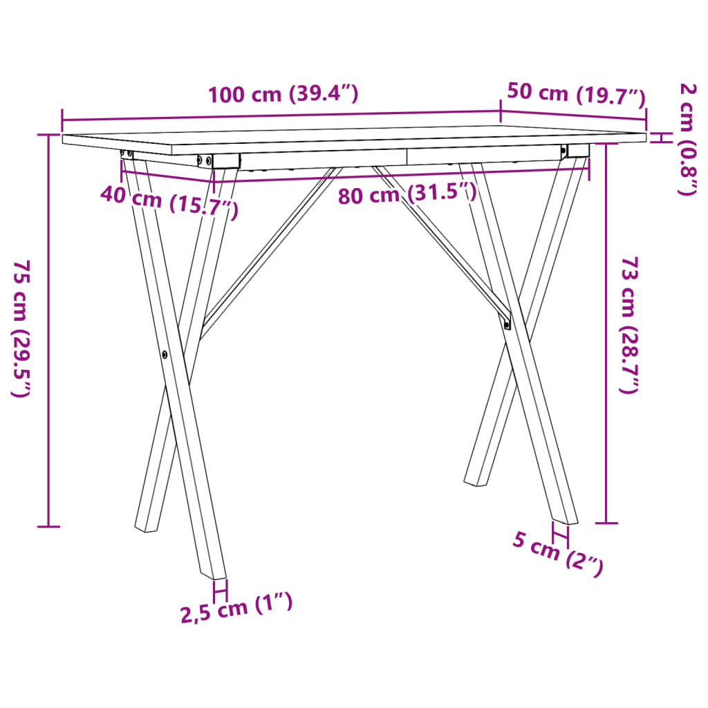 vidaXL Ruokapöytä X-runko 100x50x75 cm täysi mänty ja valurauta