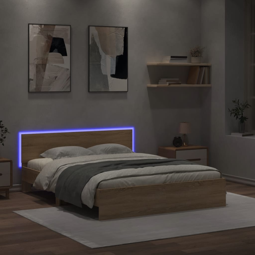 vidaXL Sängynrunko päädyllä ja LED-valoilla Sonoma-tammi 150x200 cm