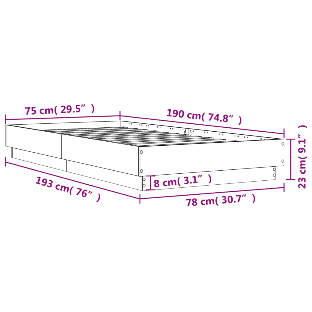 vidaXL Sängynrunko ruskea tammi 75x190 cm tekninen puu