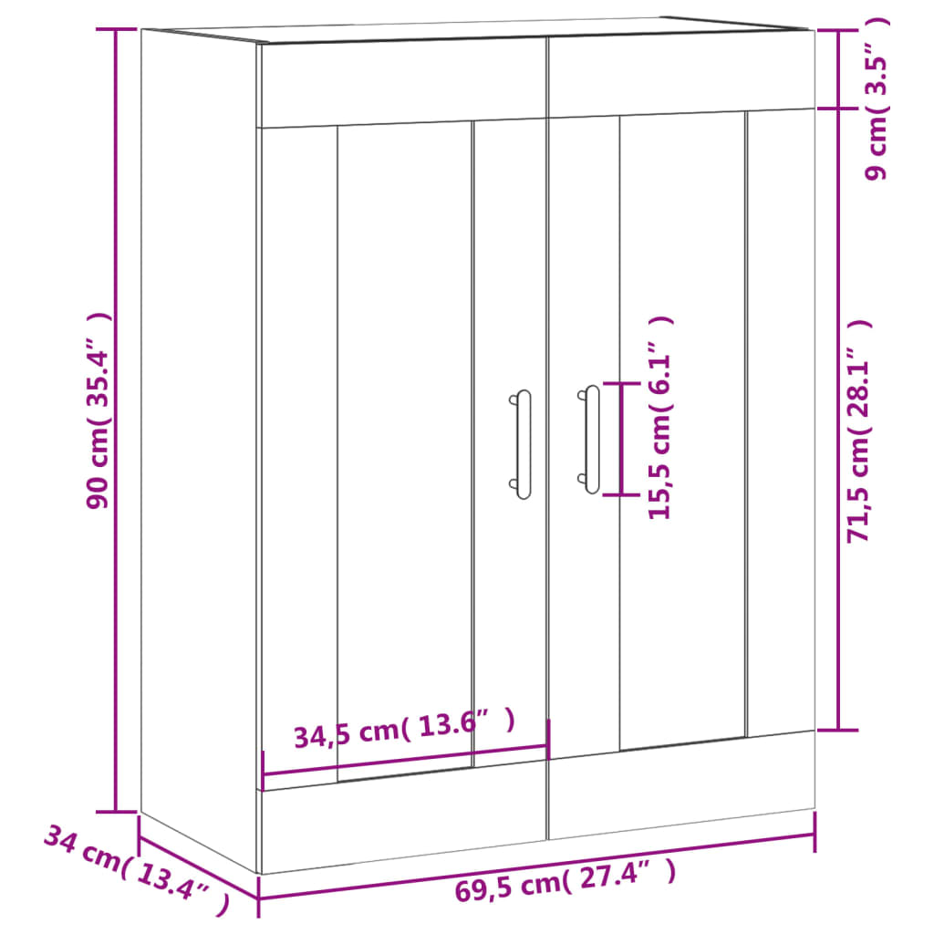 vidaXL Seinäkiinnitettävä kaappi valkoinen 69,5x34x90 cm tekninen puu