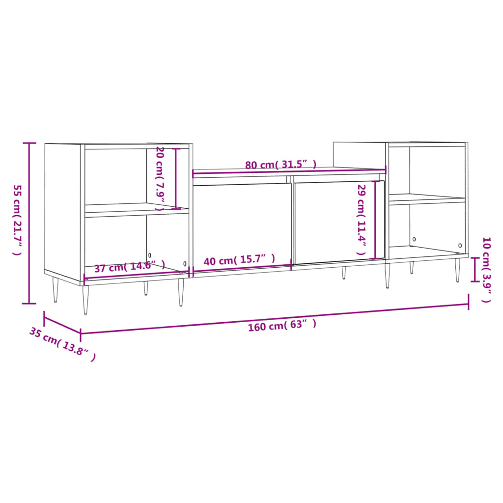 vidaXL TV-taso Sonoma-tammi 160x35x55 cm tekninen puu