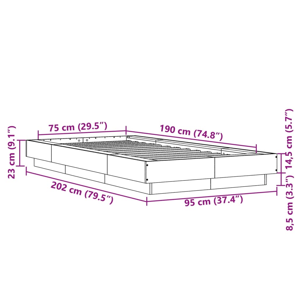 vidaXL Sängynrunko LED-valoilla Sonoma-tammi 75x190 cm tekninen puu