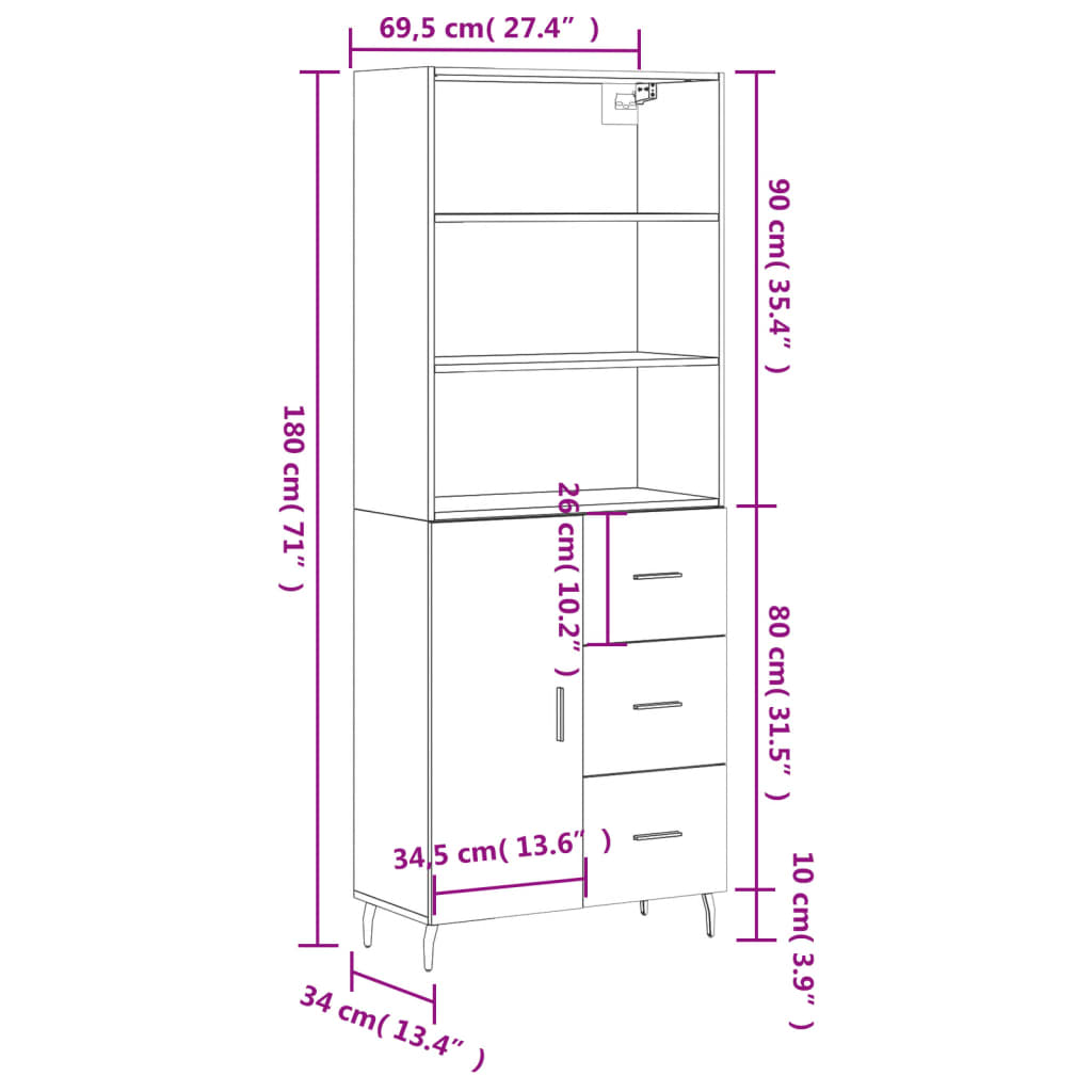 vidaXL Kaappi savutammi 69,5x34x180 cm tekninen puu